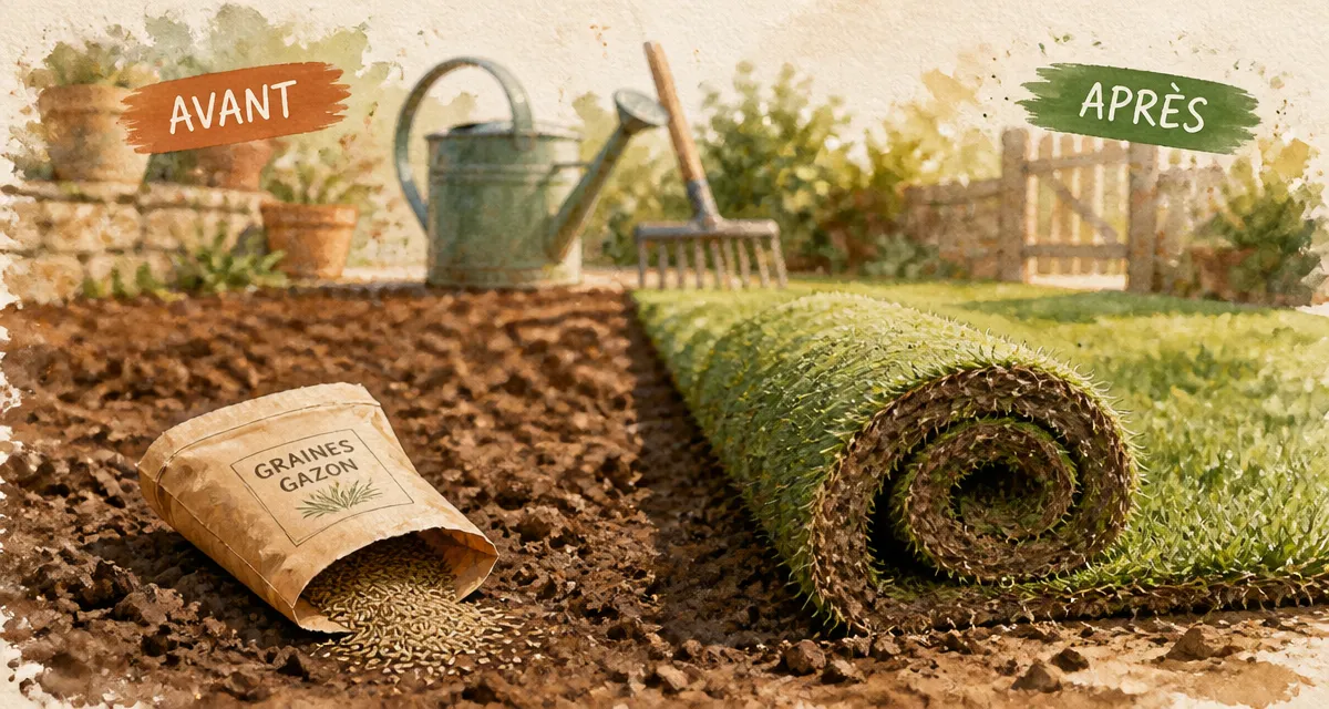 Gazon herbe : rouleau ou semis, sol prêt et arrosage pour jardin durable