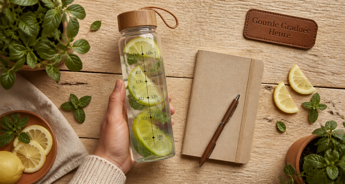 Gourde graduée heure avec eau citron menthe sur bureau