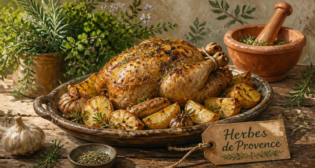 Herbes de Provence sur poulet rôti et pommes de terre