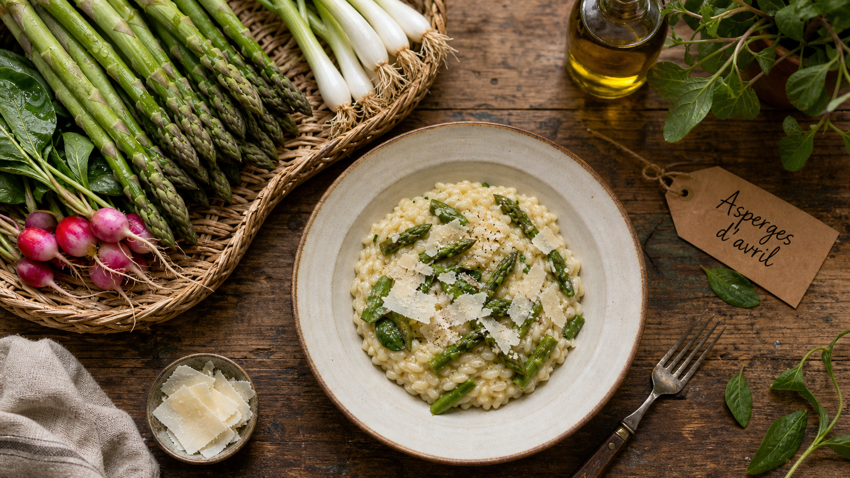 Legume avril : asperges vertes, radis et épinards
