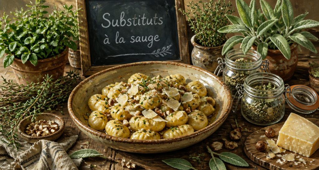 Plat avec herbes et ingrédients pour par quoi remplacer la sauge
