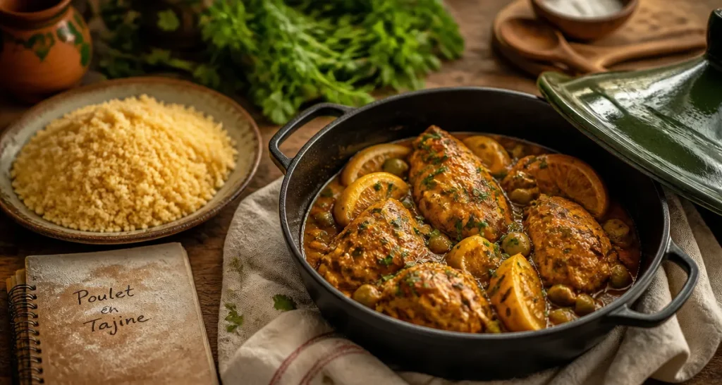 Plat a base de poulet au tajine fondant, poulet et citrons confits