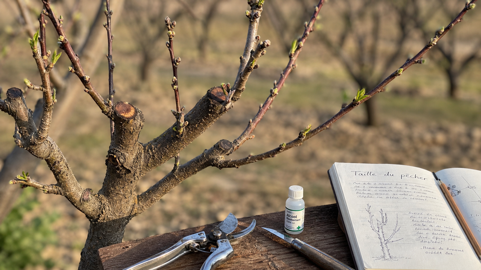 Quand tailler un pecher : pêcher taillé fin d’hiver, bourgeons au verger