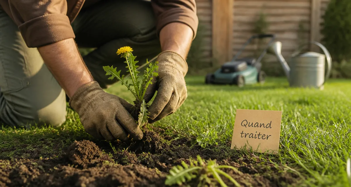 Quand traiter la pelouse contre les mauvaises herbes : jardinier retire une mauvaise herbe