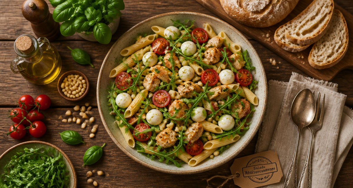 Salades de pates au poulet, penne, légumes et mozzarella