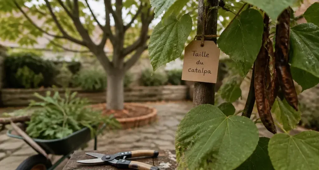 Taille catalpa : sécateur et branches, catalpa taillé vigoureux, ombre maîtrisée