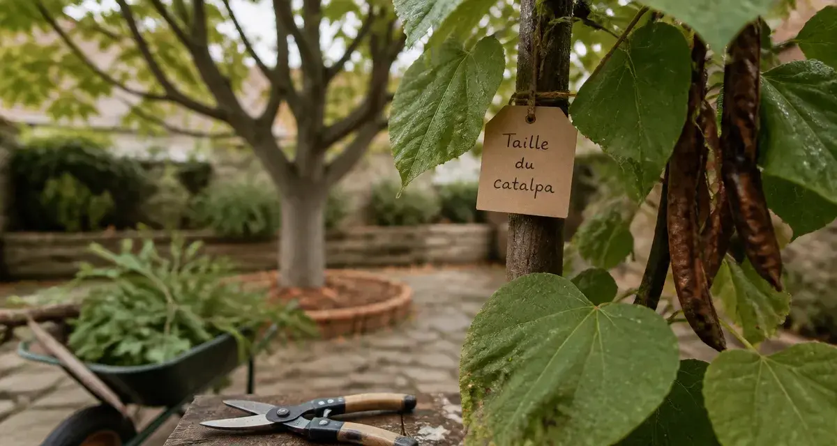 Taille catalpa : sécateur et branches, catalpa taillé vigoureux, ombre maîtrisée