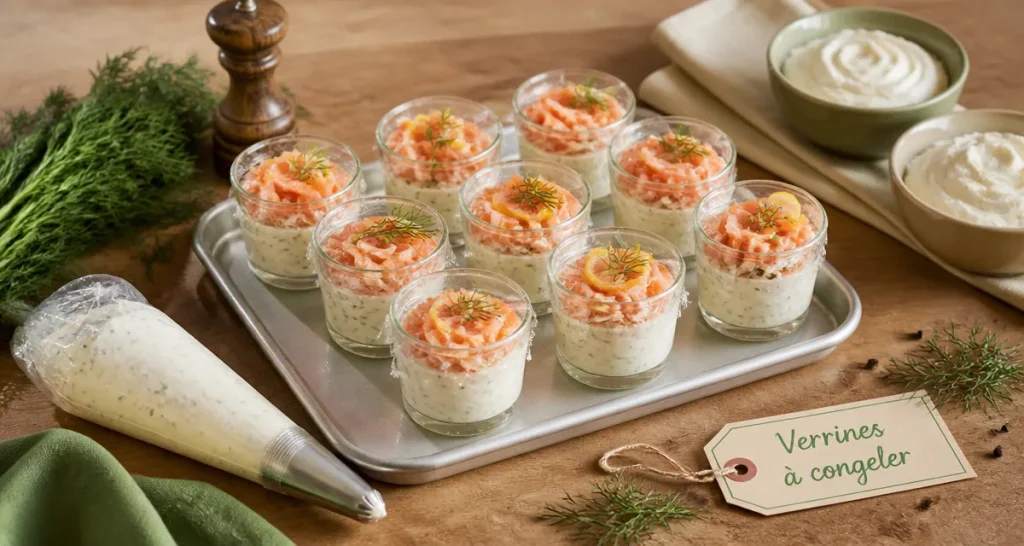 Verrine apéro à congeler, mini-verrines filmées sur plateau