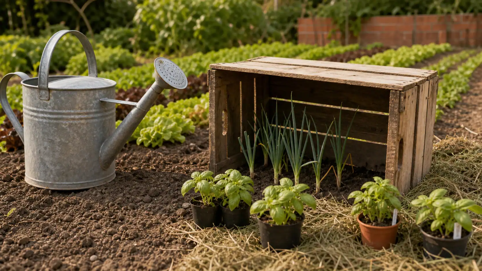 Que peut on planter dans le jardin en ce moment en juillet : potager, poireaux et basilic sous arrosoir
