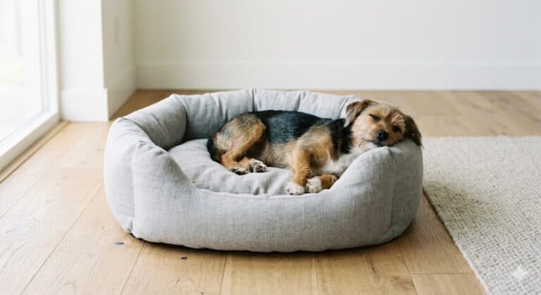 Dog sleeping on a cozy bed.