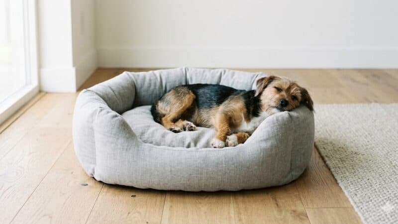 Dog sleeping on a cozy bed.