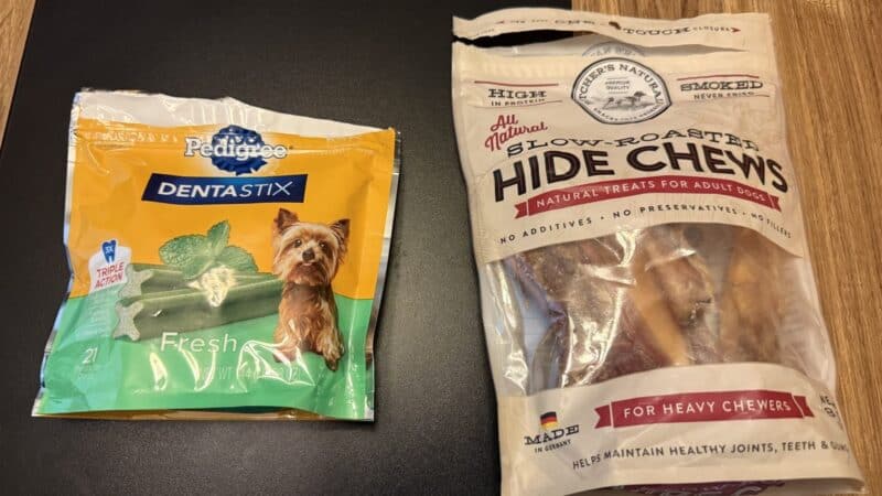 dental chews and hide chews on kitchen table