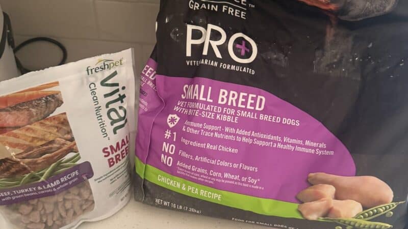 a fresh dog food bag next to dry dog food bag
