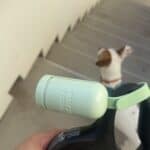 taking dog out with leash and bag dispenser