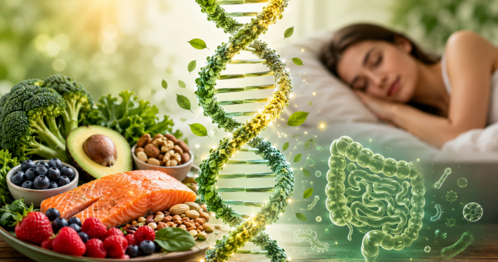 DNA structure shown with gut-healthy foods and a woman sleeping representing science really says about epigenetics, gut health, sleep, and your genes 