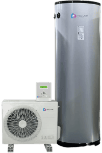 A tall, cylindrical silver hot water storage tank stands next to a white heat pump unit with a control panel, both labeled with the Reclaim Energy logo.
