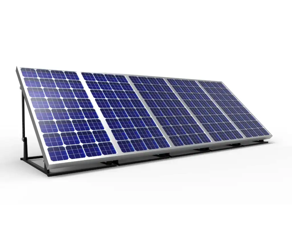 A large array of blue solar panels mounted on a metal frame, set at an angle against a plain white background.