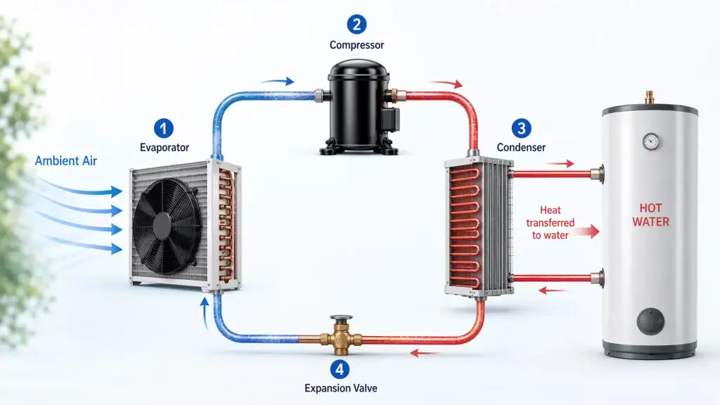 Diagram of a heat pump water heater system showing evaporator, compressor, condenser, and expansion valve with labeled airflow and heat transfer paths.