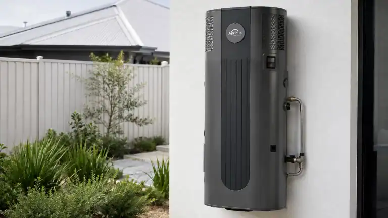 Close-up of a heat pump hot water system showing the control panel