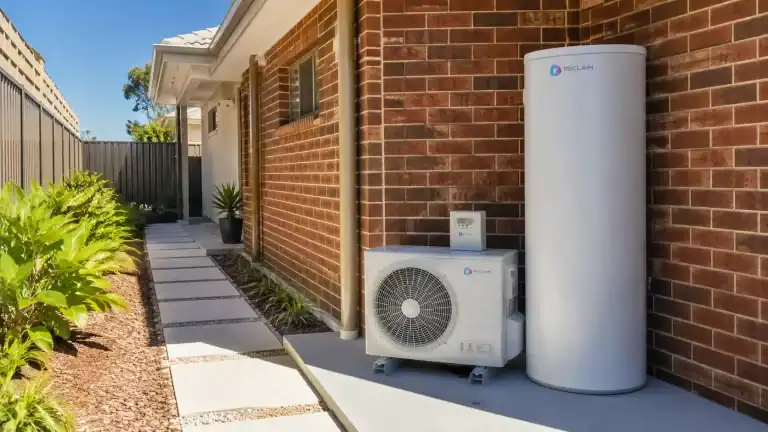 Heat pump hot water system correctly placed outdoors with clear airflow space around the unit