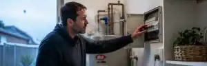 Homeowner checking the switchboard next to a hot water system that is not working