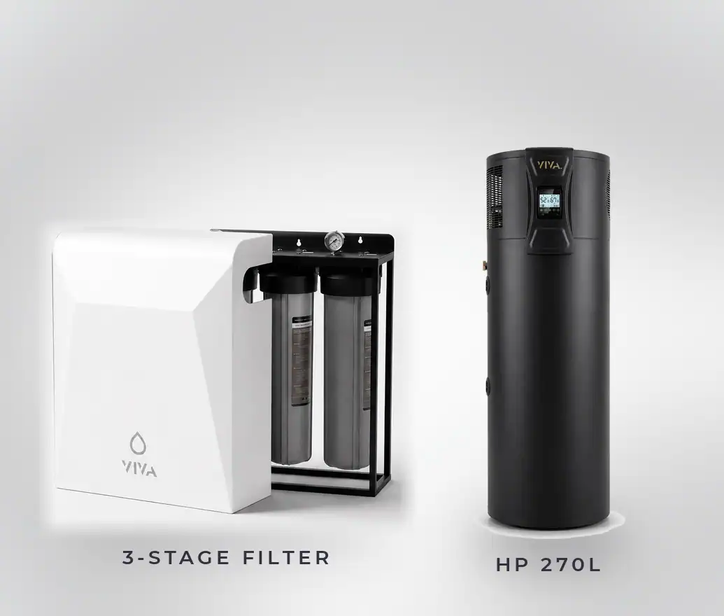 Two water filtration systems: a rectangular 3-stage filter unit on the left and a tall, cylindrical HP 270L unit on the right, both labeled with the brand VIYA.