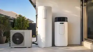 Two heat pump hot water systems compared outside a Perth home