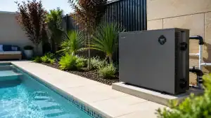Pool heat pump installed beside a backyard swimming pool in Perth