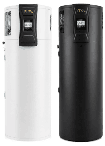 Two cylindrical water heaters, one white and one black, each with a digital display screen and the brand name VIVA printed at the top—perfect for those seeking innovative solutions like a Reclaim Heat Pump in Perth.