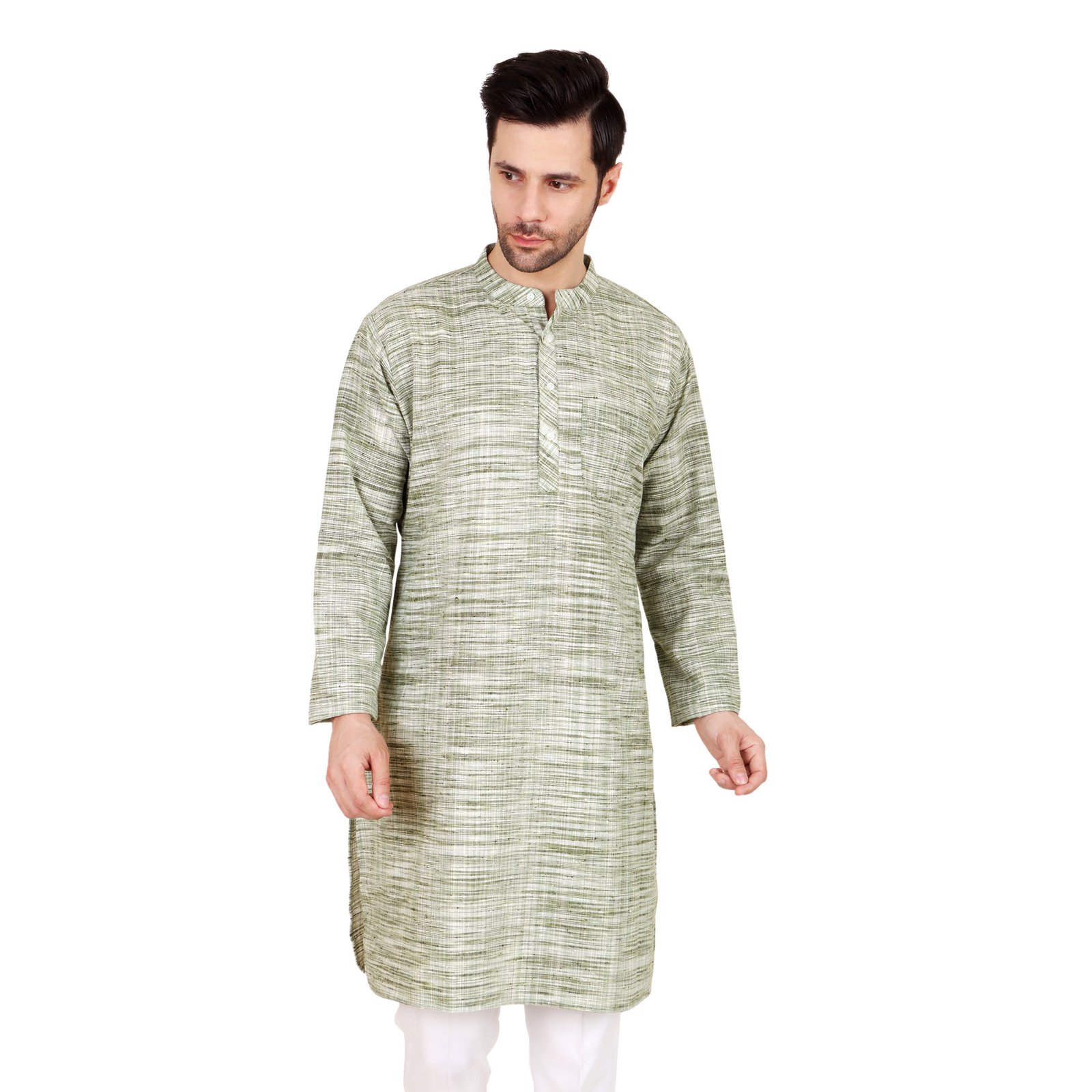 🔹Men’s Off-Green Khadi Cotton Knee-Length Kurta – Full Sleeve Traditional & Casual Ethnic Wear