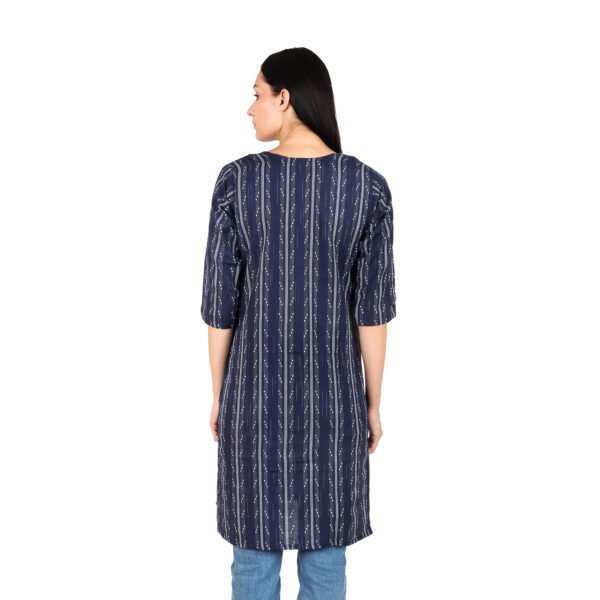 Women’s Navy Blue Woven Cotton Kurti with Ikat-Style Textured pattern | 3/4 Sleeves | Ethnic Office & Daily Wear - Image 5