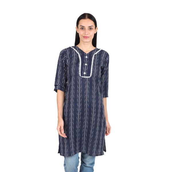 Women’s Navy Blue Woven Cotton Kurti with Ikat-Style Textured pattern | 3/4 Sleeves | Ethnic Office & Daily Wear