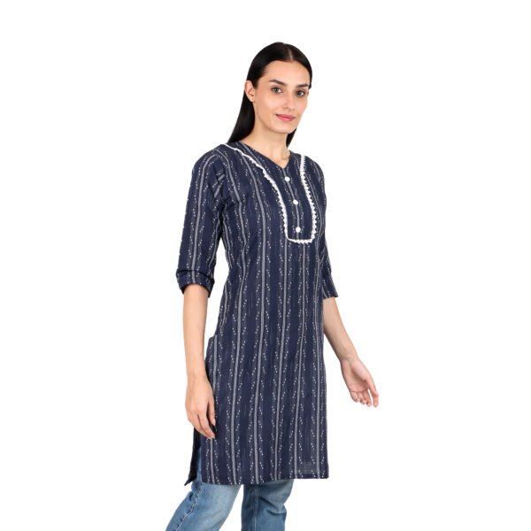 Women’s Navy Blue Woven Cotton Kurti with Ikat-Style Textured pattern | 3/4 Sleeves | Ethnic Office & Daily Wear - Image 2