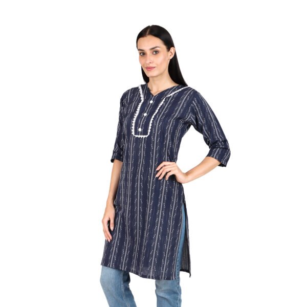 Women’s Navy Blue Woven Cotton Kurti with Ikat-Style Textured pattern | 3/4 Sleeves | Ethnic Office & Daily Wear - Image 3