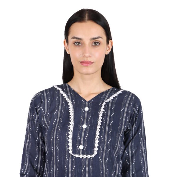 Women’s Navy Blue Woven Cotton Kurti with Ikat-Style Textured pattern | 3/4 Sleeves | Ethnic Office & Daily Wear - Image 4
