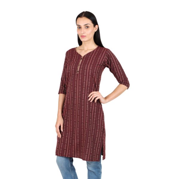 Women's Maroon Brown Woven Cotton Kurti | Vertical Dash-Stripe Design | 3/4 Sleeves | Ethnic Daily & Office Wear - Image 2