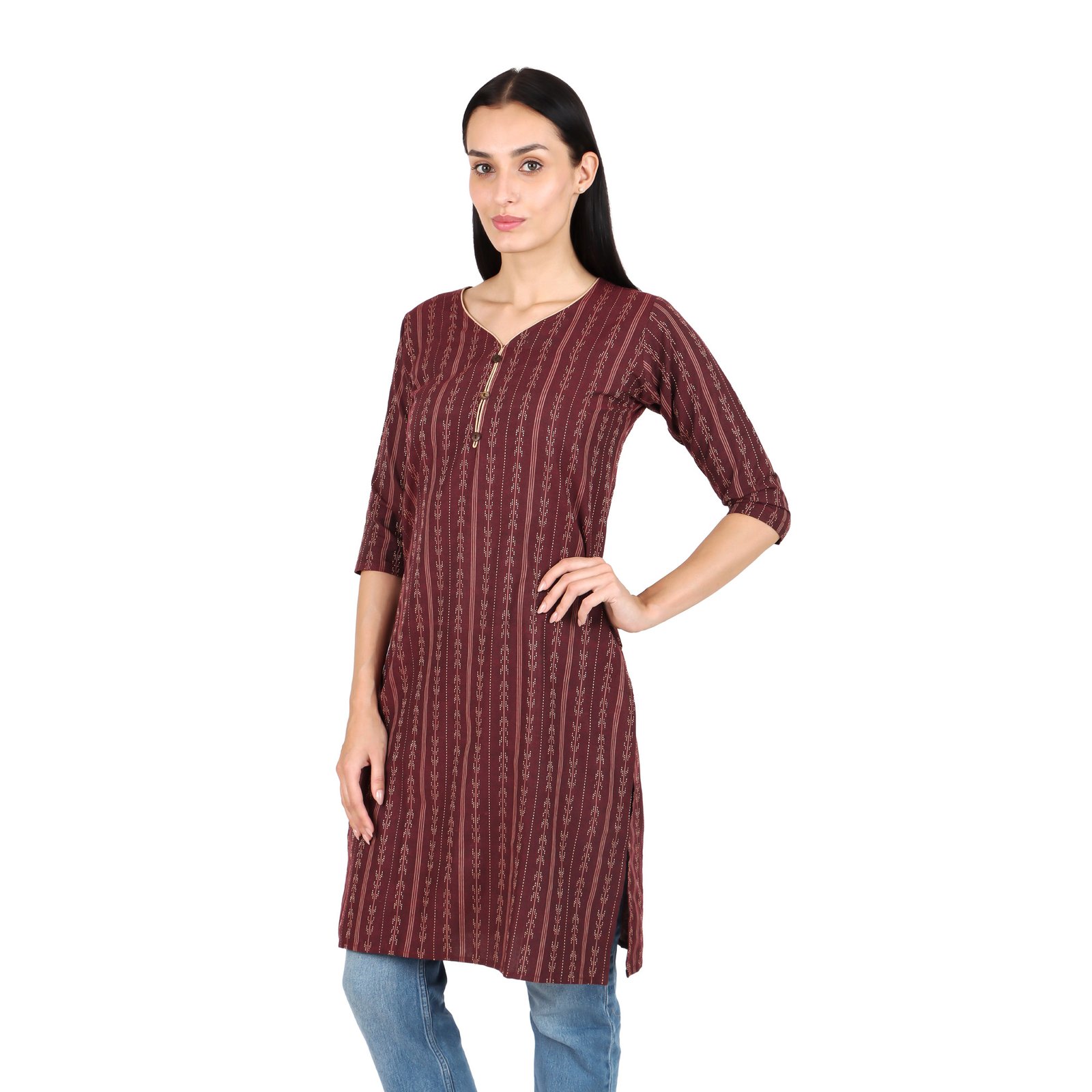 Women's Maroon Brown Woven Cotton Kurti | Vertical Dash-Stripe Design | 3/4 Sleeves | Ethnic Daily & Office Wear - Image 2