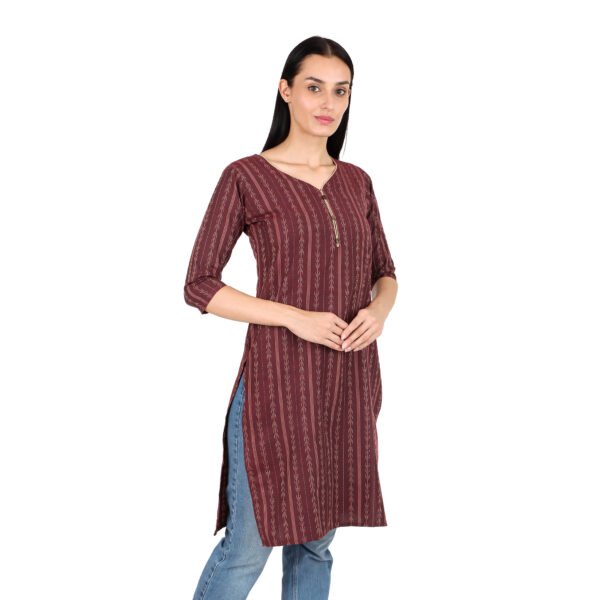 Women's Maroon Brown Woven Cotton Kurti | Vertical Dash-Stripe Design | 3/4 Sleeves | Ethnic Daily & Office Wear - Image 3