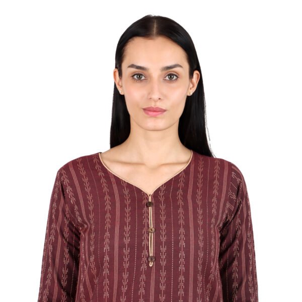Women's Maroon Brown Woven Cotton Kurti | Vertical Dash-Stripe Design | 3/4 Sleeves | Ethnic Daily & Office Wear - Image 4