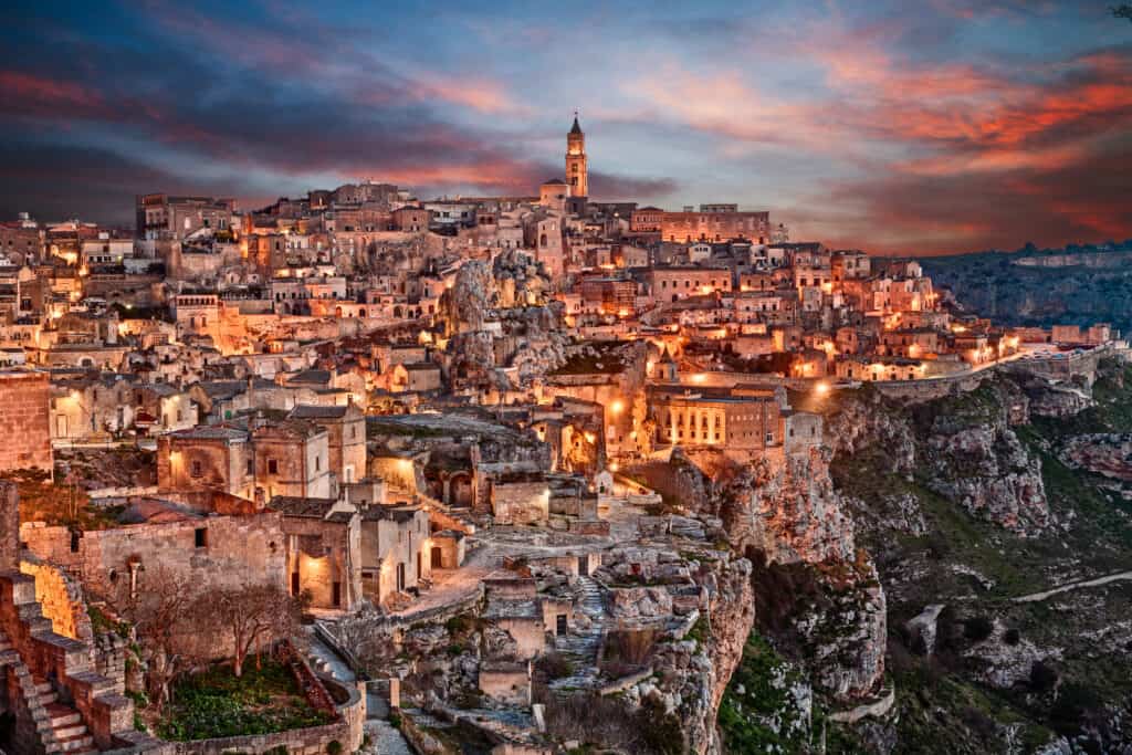 Aerial view at dawn of the old town of Matera