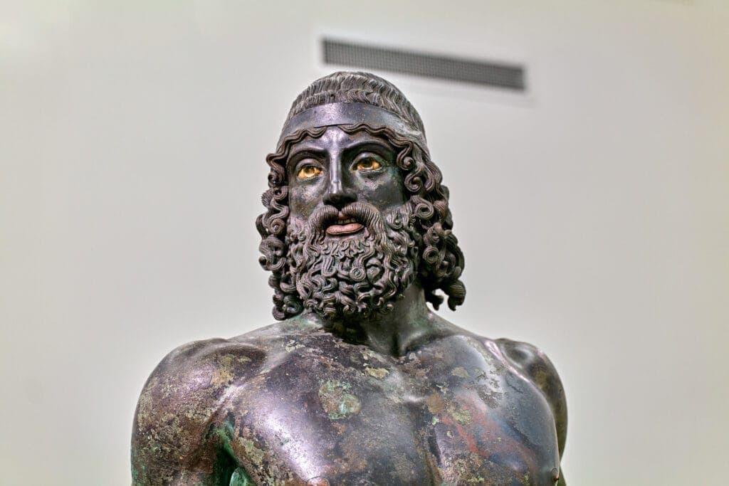 Close up view of Riace Bronze at the National Museum in Reggio Calabria.