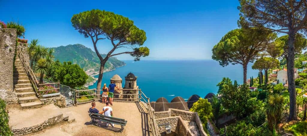 View of Amalfi Coast with blue sea from Villa Rufolo gardens in Ravello.