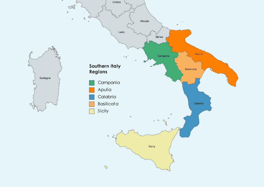 coloured map showing southern Italy regions