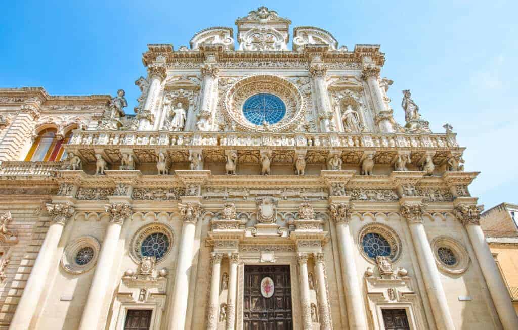 Close up view of the sculptured facade of the Santa Croce Basilica in Lecce, Puglia