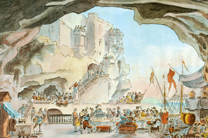 watercolor painting by Jean Louis Desprez from 1783, showing peoplke having a lavish banquet inside the cavern with a view of the sea 
