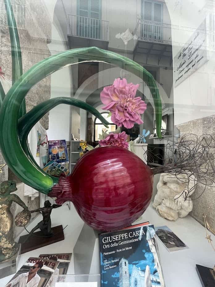 Colorful sculpture of onion and flower