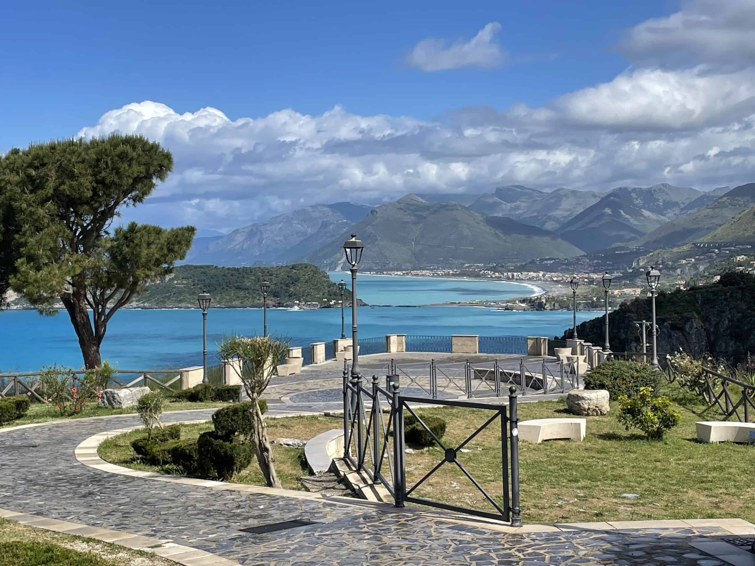 calabria road trip. view from lookout with mountains and blue sea in background