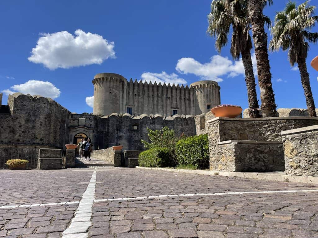 image of stone castle and fortress of San Severina on a sunny day with palm trees in the foreground