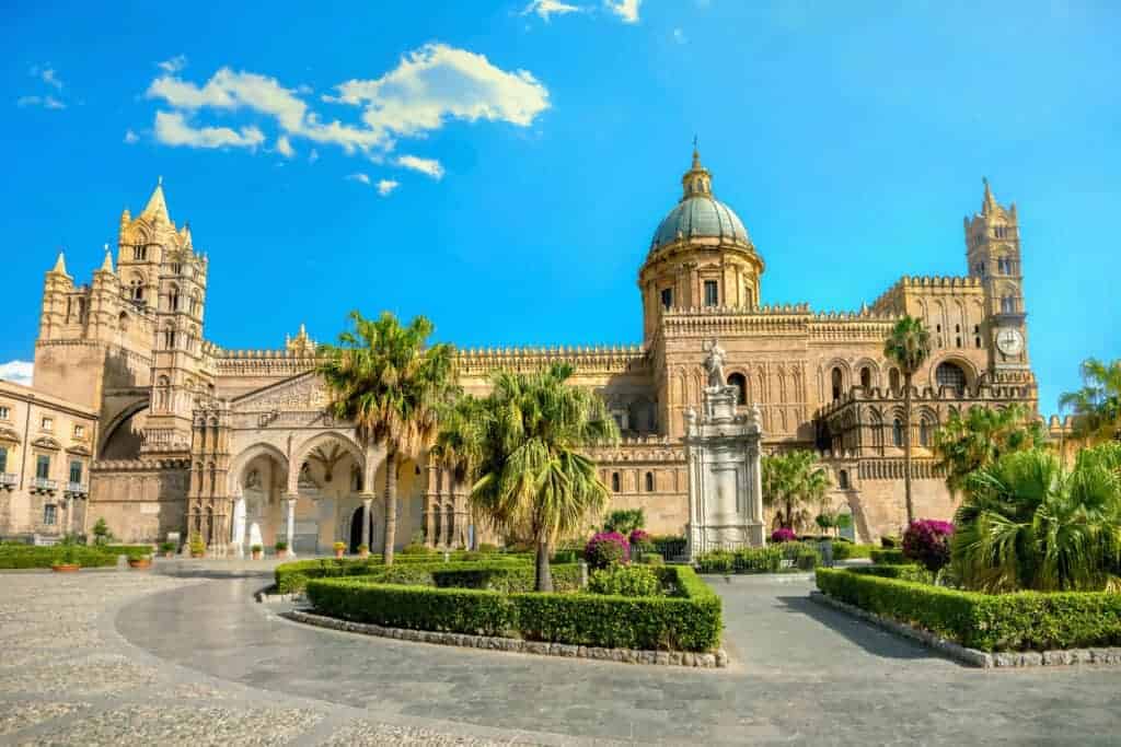 View of Palermo Cathedral, with blue sky and some white clouds