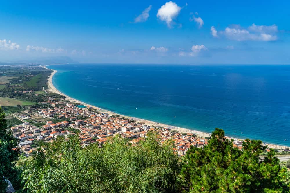Panoramic view from Nicotera town, looking down to the blue sea and beaches below.